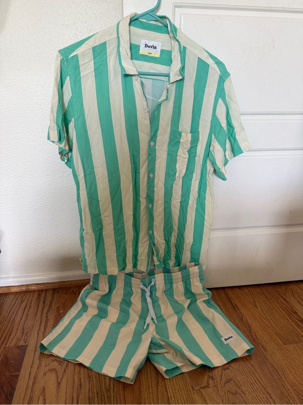 Duvin Green & Cream Striped Cabana Shirt and Matching Swim Shorts - Men’s Small